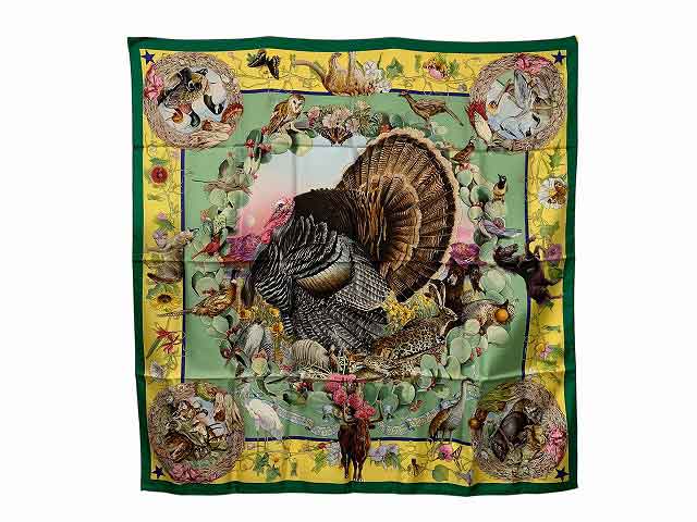 HERMES / エルメス カレ90 FAUNE ET FLORE DU TEXAS TEXAS WILDLIFE テキサスの動植物図鑑 大判シルクスカーフ グリーン系【中古】