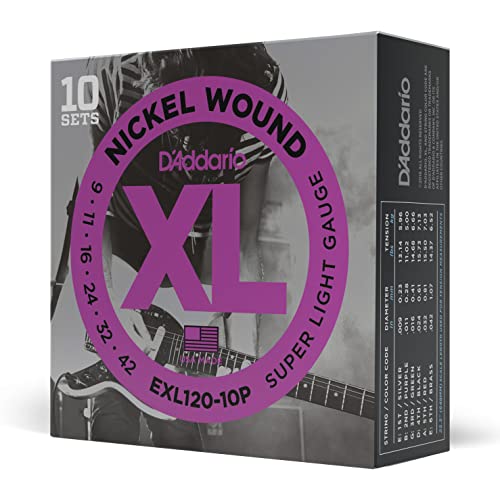 特殊:B000P22EMUコード:0019954952105ブランド:D Addario(ダダリオ)規格：EXL120-10P商品カラー: 10セットパックサイズ情報:10セットパック商品サイズ: 高さ4.5、幅1.6、奥行き4.4商品重量:58この商品についてエレキギター弦Nickel Round Wound .009 / .011 / .016 / .024W / .032W / .042Wコンピューター制御による正確なピッチ、トーン、ブライトなサウンドが特徴弦を密封する特殊ポリマーの袋が光と空気を遮断し、弦の劣化を抑制1~6弦のセットが10セット分入ったお買い得なセットパックブランドD Addario(ダダリオ)弦のゲージスーパーライト色10セットパック楽器エレキギターストリング材質タイプニッケル発送サイズ: 高さ11.4、幅11.2、奥行き4発送重量:175商品紹介独特なブライトサウンド、素晴らしいイントネーション。世界中のミュージシャンからの圧倒的な支持を誇る、言わずと知れたエレキ弦のスタンダード。最新鋭のコンピューター制御により、正確なピッチ、トーンを維持する極めて高いクオリティを実現。弦の劣化の原因となる光と空気を遮断するダダリオ独自の特殊ポリマーの袋で密封されているため、長時間劣化する事がありません。Nickel Round Wound .009 / .011 / .016 / .024W / .032W / .042W1~6弦のセットが10セット分入ったお買い得なセットパックです。こちらの商品は日本国内代理店商品となります。並行輸入品に関しては、代理店保証を受けることが出来ませんのでお気を付け下さい。ご注意 免責 お読みください 送料無料 郵送対応商品 通常、1~3営業日で発送致します。 店舗休業日を除く メーカーからのお取り寄せとなる場合もございます。 他サイトでも併売しておりますので、在庫切れなどで納期が遅れる場合はメールにてご連絡申し上げます。ブランド紹介既成概念にとらわれないものづくりを400年前、イタリアの先人たちは弦楽器製造に革命を起こしました。この輝かしい歴史は、D Addarioが常に前を向き、XT、NYXL、Pro-Art?といった画期的な弦を作る原動力になっています。それは、 次世代 という概念に新しい意味を与えるものです。 D Addarioはプレイヤーの楽器をより高いレベルで演奏するための製品を作っています。17世紀以来、弦楽器の製造に携わってきた彼らは、木管楽器から打楽器、オーケストラ、すべてのフレット楽器に至るまで、あらゆる音楽の分野に進出しています。D Addarioの限りない好奇心と開拓者精神は、より良い音、より良い製品がそこにあるという信念を支え続けています。そして音楽とプレイヤーの楽器を、エキサイティングで予想外の、そして特別な場所へと導き続けることができるのです。