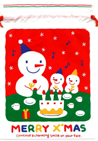 【クリスマス】クリスマスメリークリスマス!スノーマン巾着バッグ★2枚セット(片面デザイン 裏は白無地)