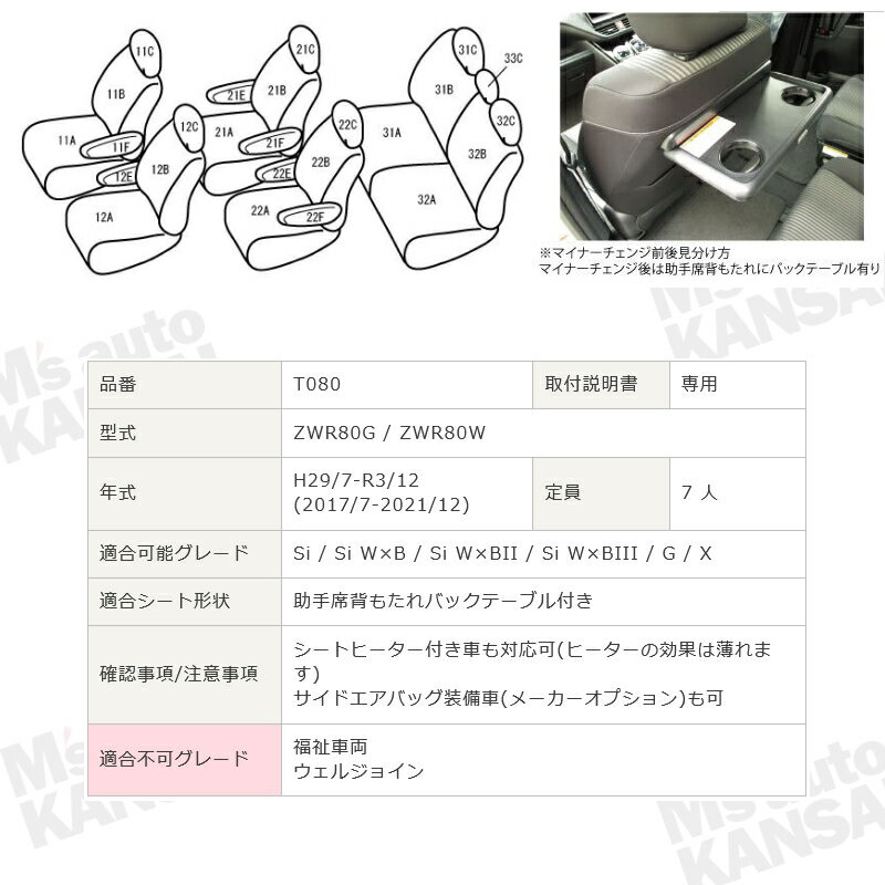 ノアハイブリッド[ZWR80G / ZWR80W][H29/7-R3/12]品番T080ベレッツァ 　ワイルドステッチシートカバー 初回取付破損保証付き 2