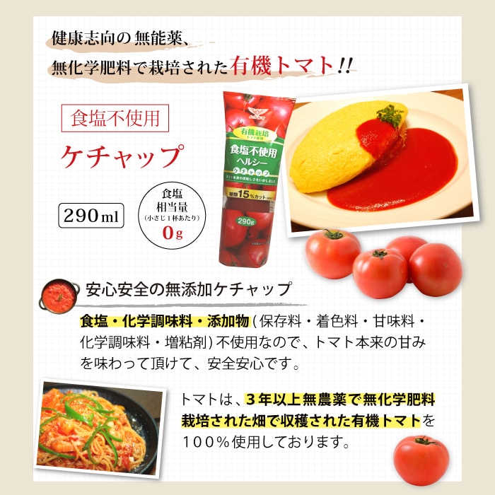 無塩 ケチャップ 化学調味料無添加 290g×2本 | 食塩無添加 食塩不使用 無塩調味料 無塩食品 減塩中の方 塩分カット 調味料 無添加 有機栽培 塩化カリウム不使用 高血圧 透析食 腎臓病食 父の日 父の日ギフト 低塩 3