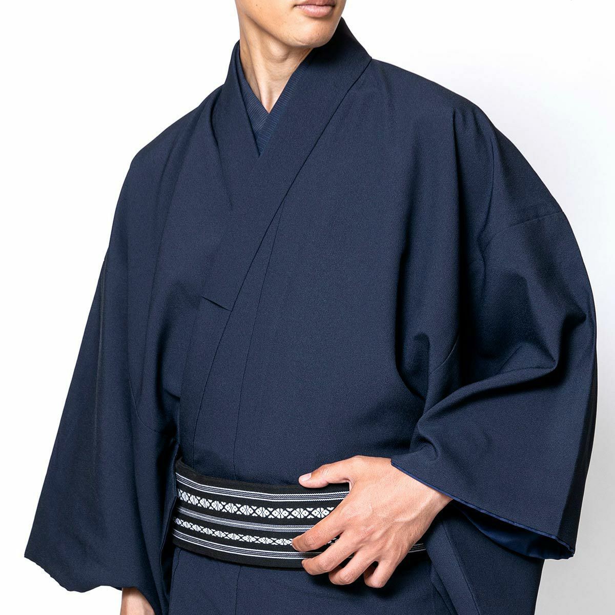 男着物 洗える着物 ちりめん 袷 無地 仕立て上がり 濃紺 3L