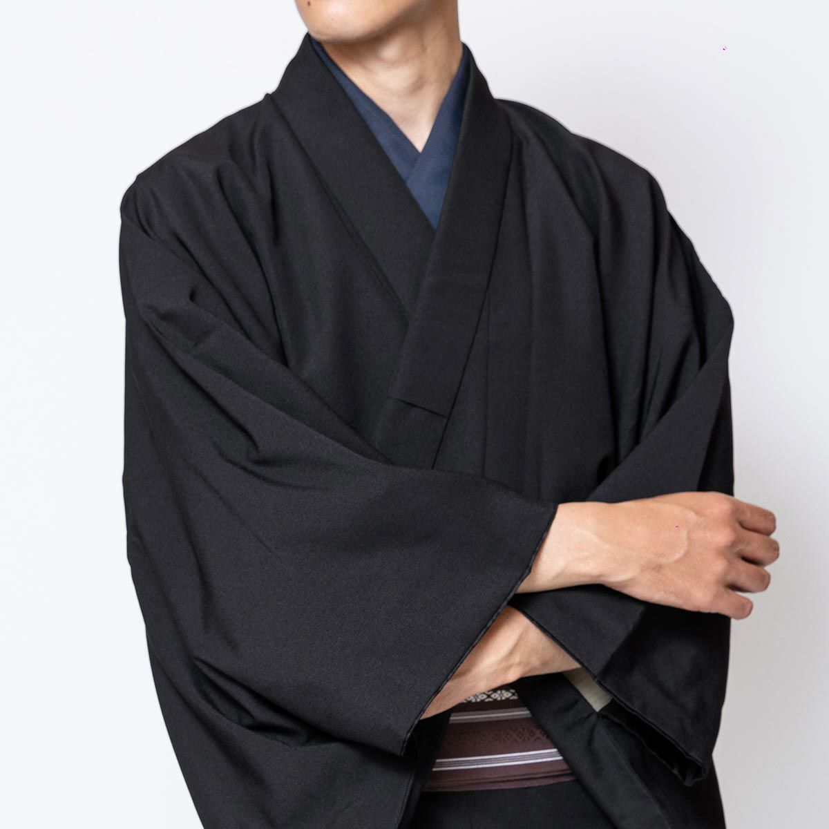 男着物 洗える着物 ちりめん 袷 無地 仕立て上がり 黒 3L