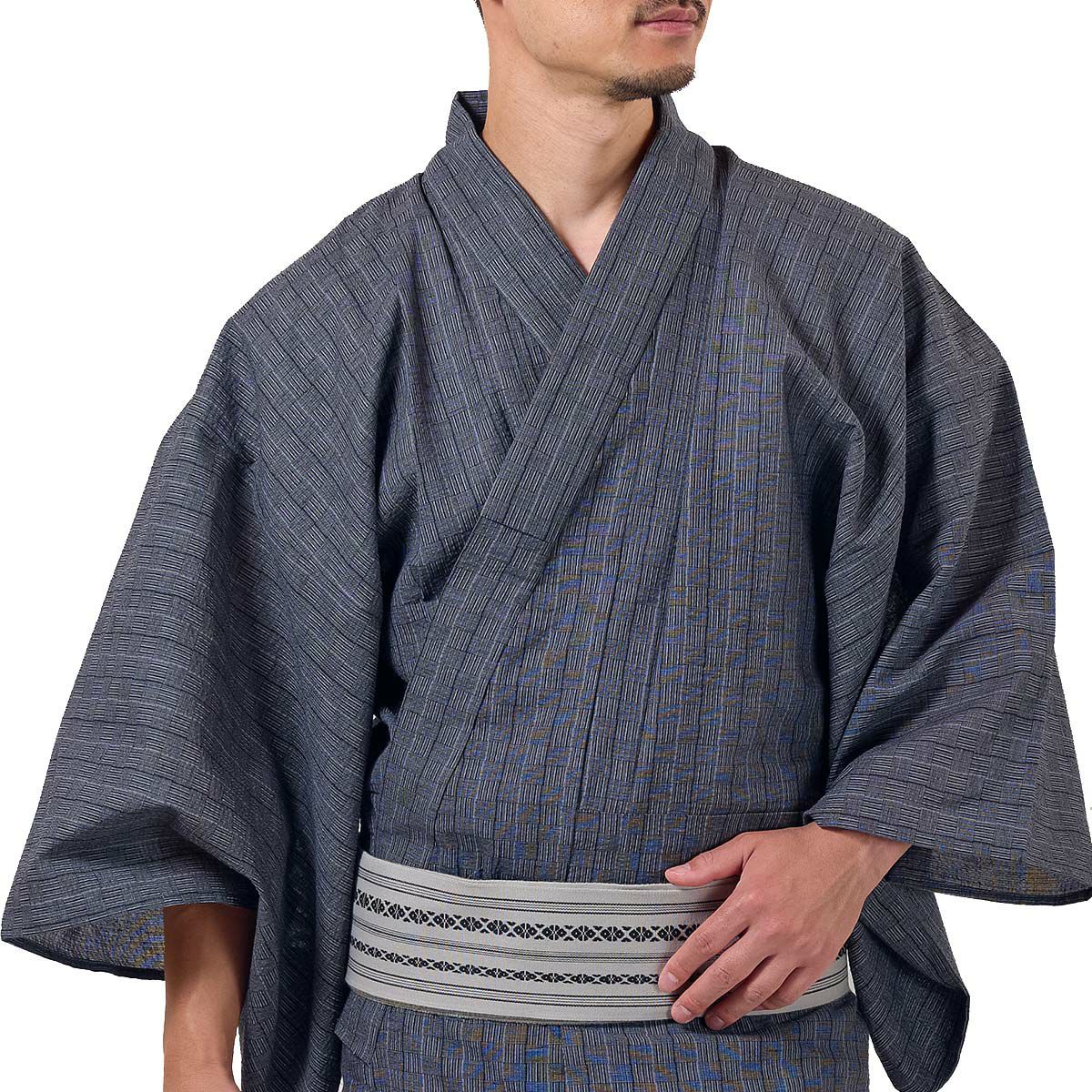 男着物 メンズ浴衣 しじら綿麻 グレー格子 浴衣単品