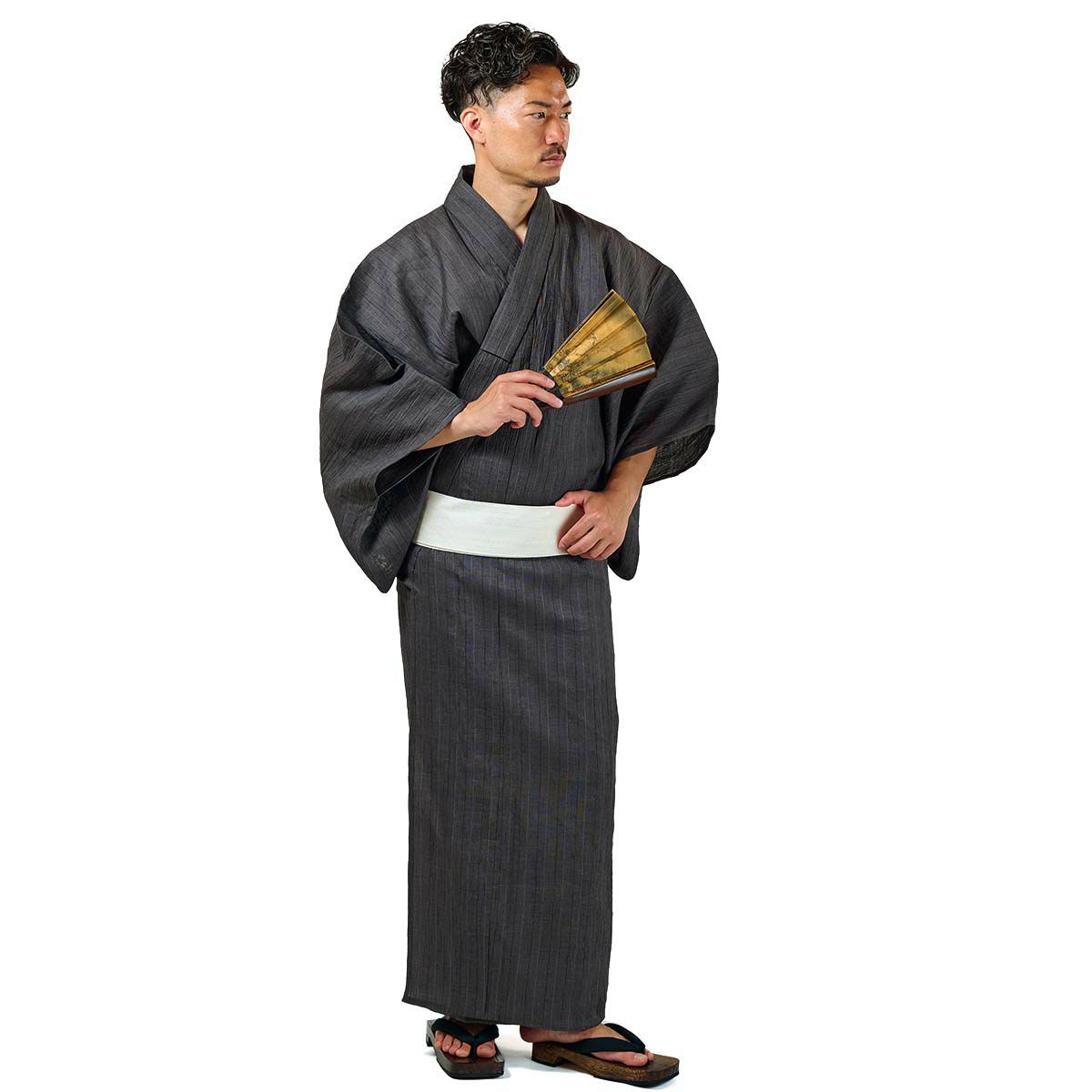 浴衣セット 近江ちぢみ 本麻 濃グレー M〜LL（浴衣+角帯+男締め）