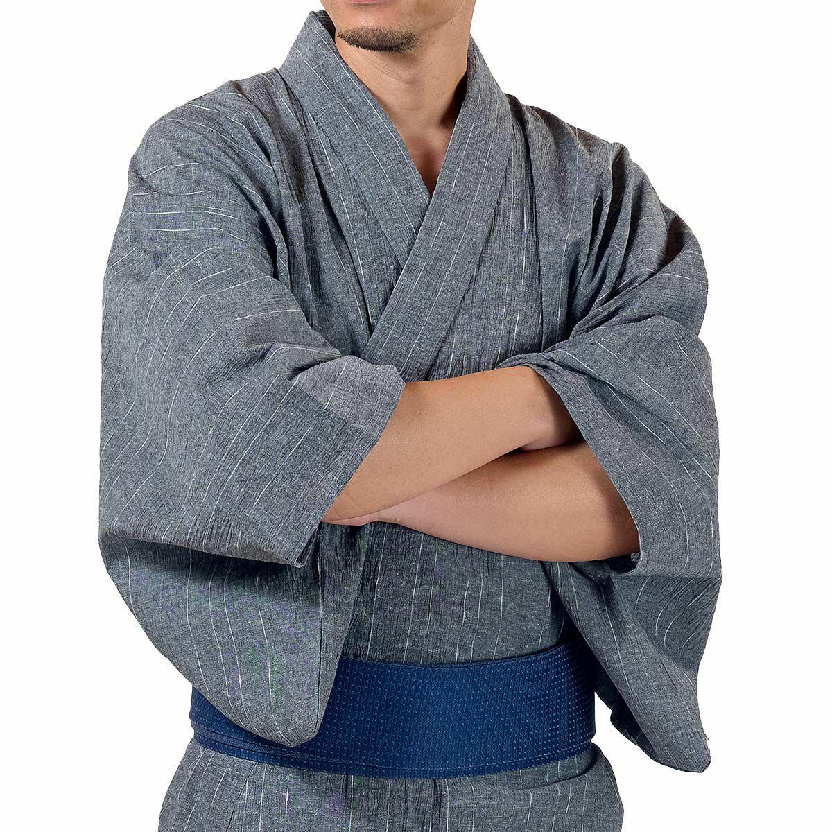 浴衣セット 近江ちぢみ 綿麻 グレー M〜LL（浴衣+角帯+男締め）