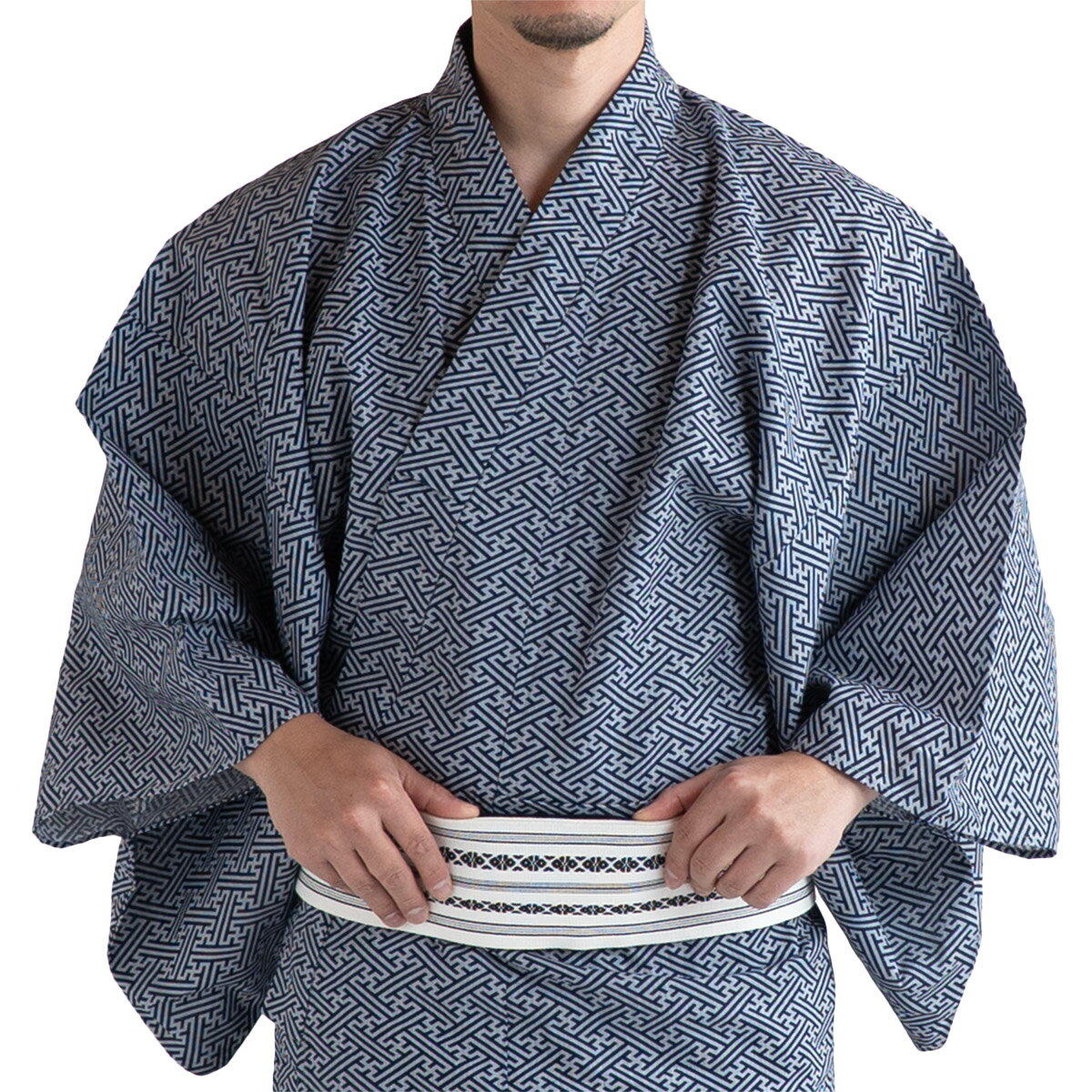 メンズ浴衣 滝流れ 綿 紺グレー 紗綾型 M〜LL