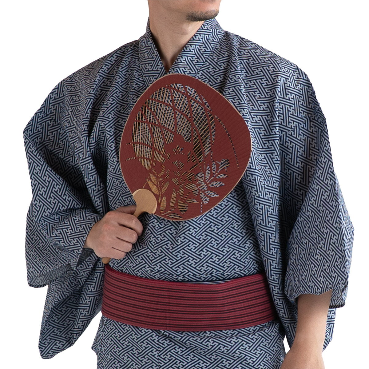 メンズ浴衣 滝流れ 綿 紺グレー 紗綾型 M〜LL