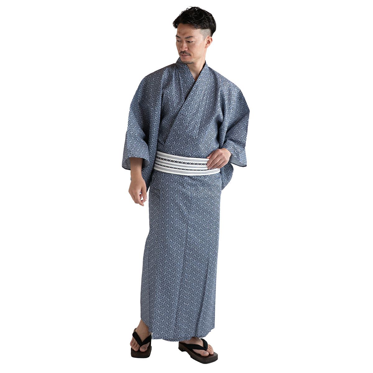 浴衣セット 滝流れ 綿 紺グレー 紗綾型 M〜LL（浴衣+白角帯+腰紐）