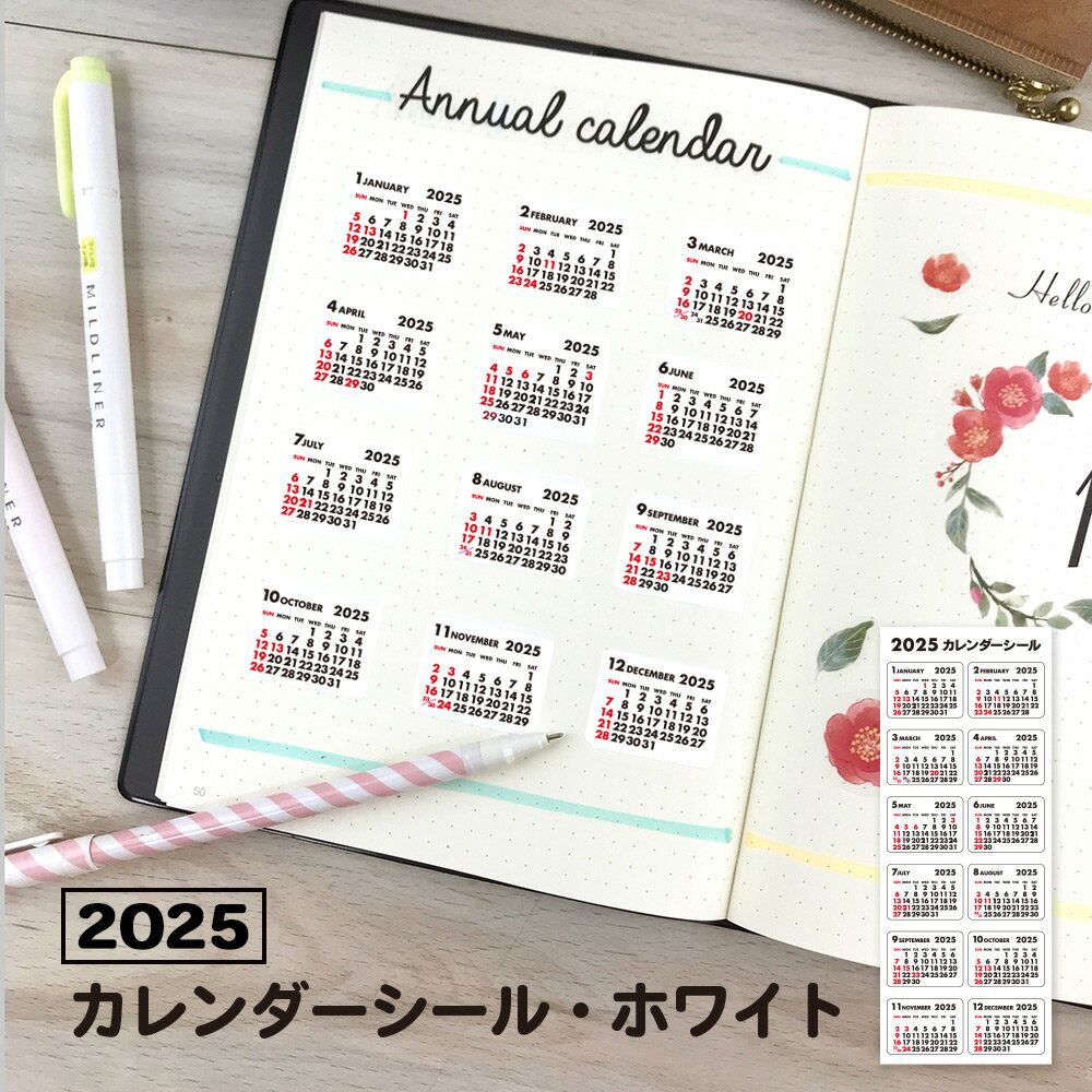 【マラソン中2個以上購入でポイント最大10倍】2025年 カレンダー シール カレンダーシール 白シール 2025 年間 一年分 ノート 手帳 コンパクト バレットジャーナル 仕事 予定 見やすい シンプルのサムネイル