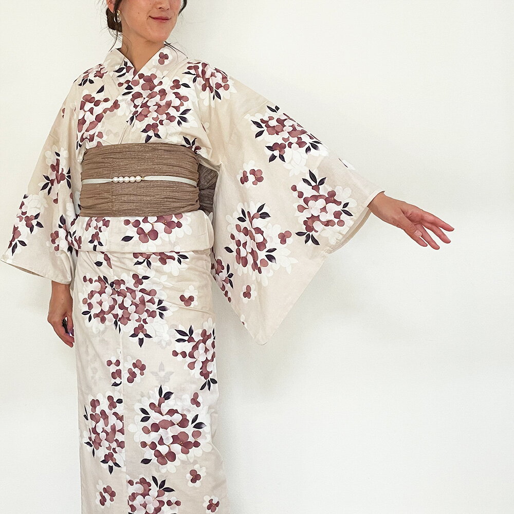 浴衣 レディース 【 紫陽花 ベージュ 】 2025 新作 くすみカラー レトロ モダン ニュアンス カラー ゆかた 花柄 グレー ベージュ 白 プチプラ 送料無料 花火 大人 大人用2303 a