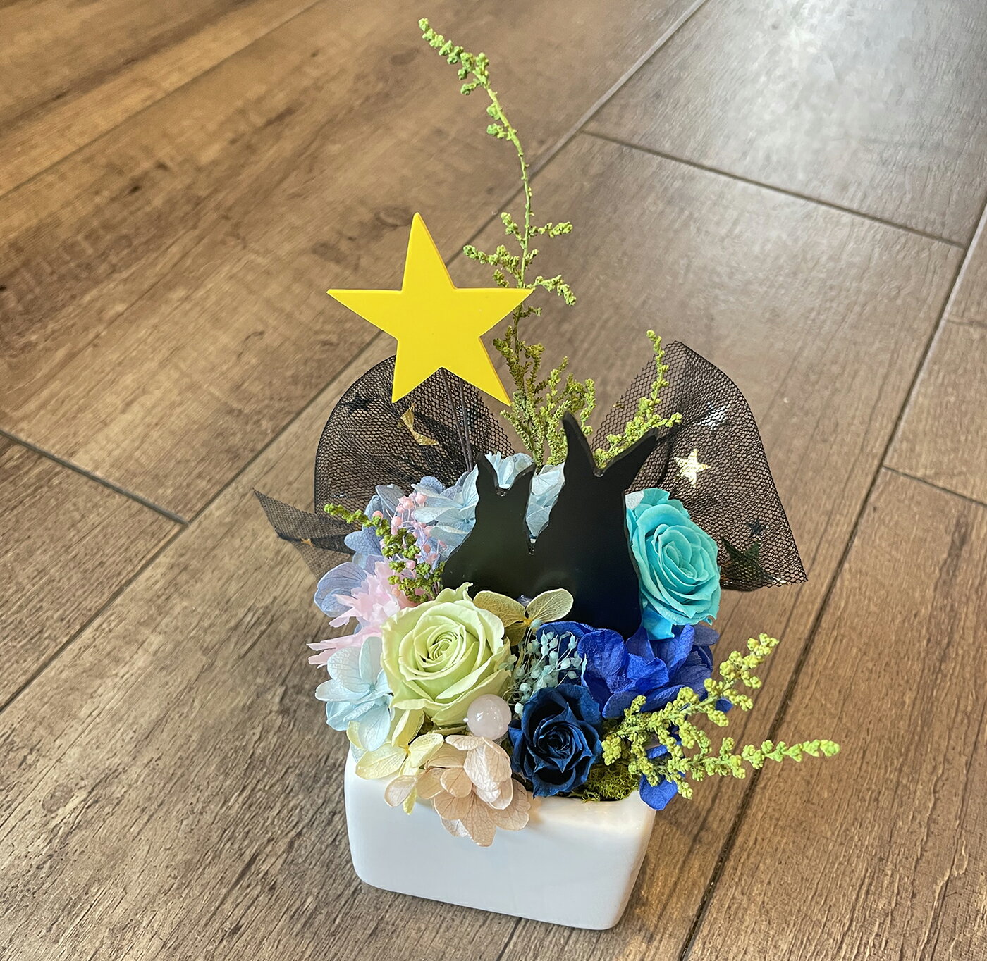 新作送料無料「ずっと一緒」七夕結婚記念日RIOUMEZAWAプリザーブドフラワー帰省土産お盆お供えメモリアルグッズ誕生日猫好き犬好きうさぎ好き星夜空ゴールデンレトリバーフラワーギフトいぬねこうさぎ誕生日プレゼント結婚祝い母の日