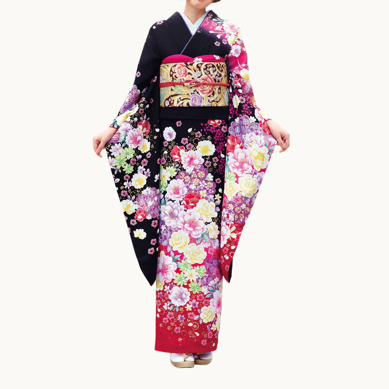 〔成人式 振袖〕振袖レンタル010244 美少女 赤色花黒系振袖〔成人式〕〔フルセット〕【往復送料無料】..