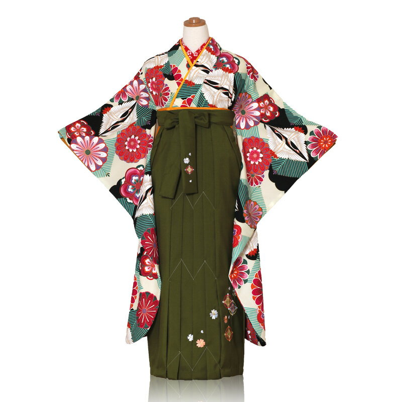 卒業式袴レンタル レトロモダン アンティーク きもの道楽 ブランド 鶴梅花振袖袴レンタルフルセット 袴：緑色系刺繍 着物：ベージュ系 おしゃれ袴レンタル 卒業式 大学 卒業式 学校 袴上下 短大 専門学校 卒業式【レンタル】【x】