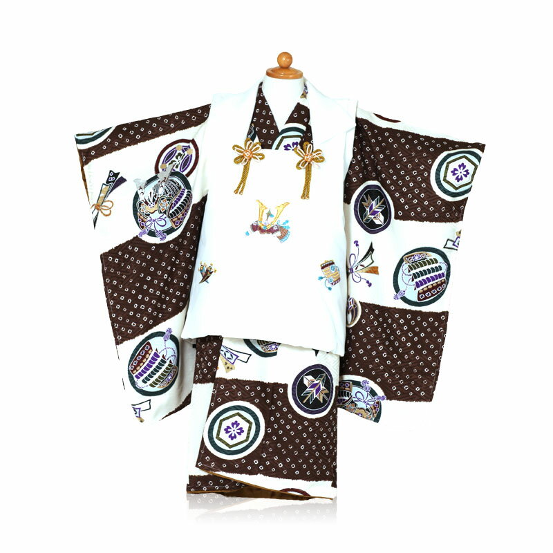 753 レンタル 3歳 被布セット 男の子 絞柄子供着物/白系色兜刺繍被布 茶色子供着物 七五三 着物 三歳 七五三 被布 七五三 レンタル 七五三 着物 3歳...