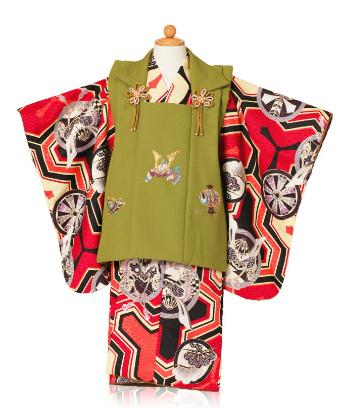 着物 セット 被布 七五三 三歳 753 3歳 男の子 レンタル キッズ 赤色色 被布緑色 兜刺繍 ブランド nasuto fy16REN07【h】