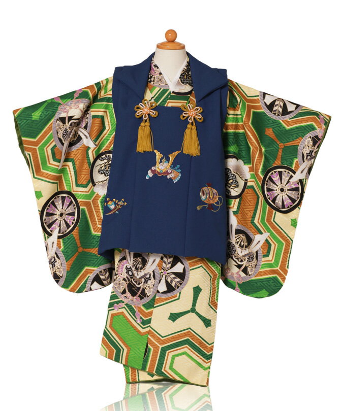 三歳 着物 被布 七五三 セット 753 3歳 男の子 レンタル キッズ 緑色 被布紺色 兜刺繍 ブランド nasuto fy16REN07【h】