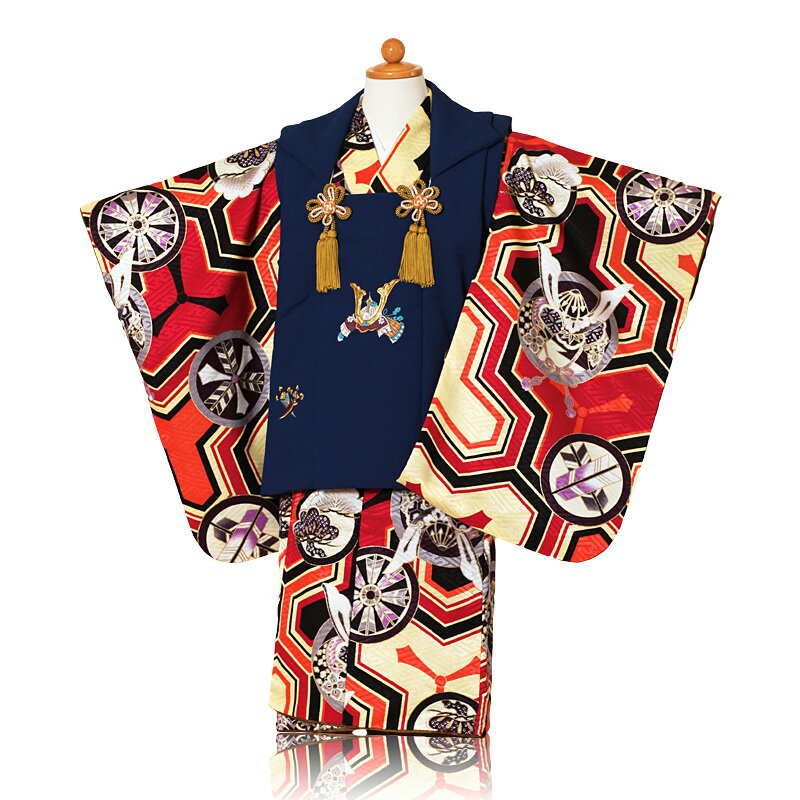 【レンタル】【被布】七五三（3歳男の子被布）赤着物×紺色兜刺繍【753 七五三 着物 3歳 被布 子供 きもの レンタル おとこのこ 男児 男子】【h】