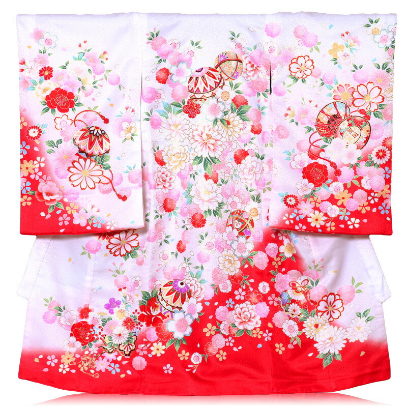 【レンタル】手毬 お宮参り 赤ちゃん ベビー 女の子白色 小花 女 のしめ 産着 初着 赤色 送料無料レンタル着物 お宮参り着物 女児 祝い グラデーション 暈し染 ブランド産着 YUMARI【ab】