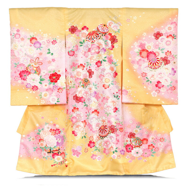 刺繍　黄色　女の子　お宮参り【レンタル】手毬刺繍 女児 祝い着 お宮参り 初着 宮参り　花刺繍　着物 【ab】