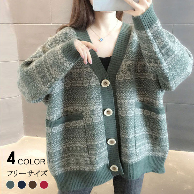 ニットカーディガン レディース 秋冬 40代 長袖 クルーネック セーター 厚手 ニットトップス おしゃれ ゆったり 通勤 着痩せ 体型カバー 50代 30代(4.0)