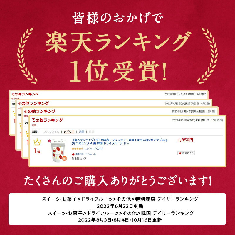 【10%ポイントバック 9/15 9:59まで】無添加・ノンフライ・砂糖不使用★なつめチップ80g(なつめチップス なつめ ナツメ 棗 韓国 ドライフルーツ ドライなつめ 乾燥なつめ 無着色 子供 おやつ お菓子 間食 ダイエット 低カロリー 薬膳 美容 ギフト プレゼント 出産祝い)