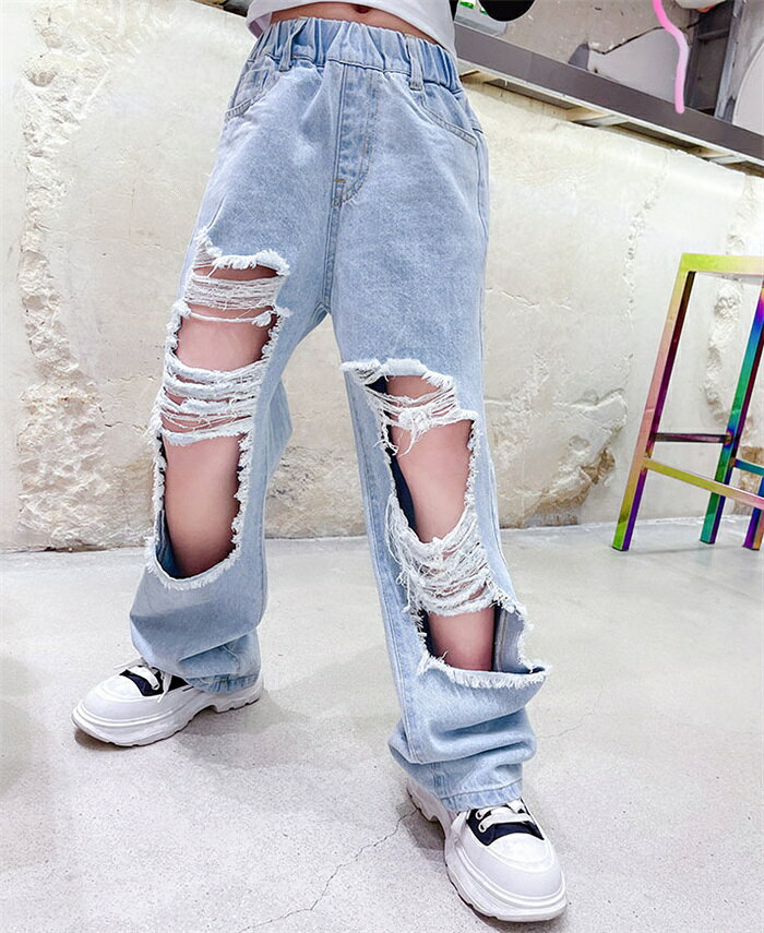 即納送料無料 キッズ 女の子 ダメージ デニムパンツ 韓国子供服 ジュニア 子ども用...