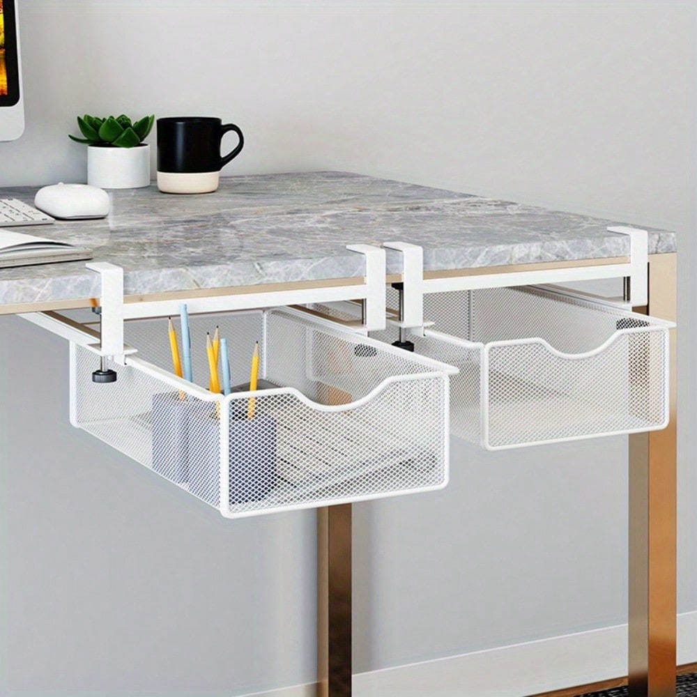 省スペース デスク下収納ラック 引き出し式 メッシュバスケット 棚付き 吊り下げラック 工具不要 取り付け簡単 オフィス 書斎 学習机用 小物収納 整理トレー 北欧風 ホワイト