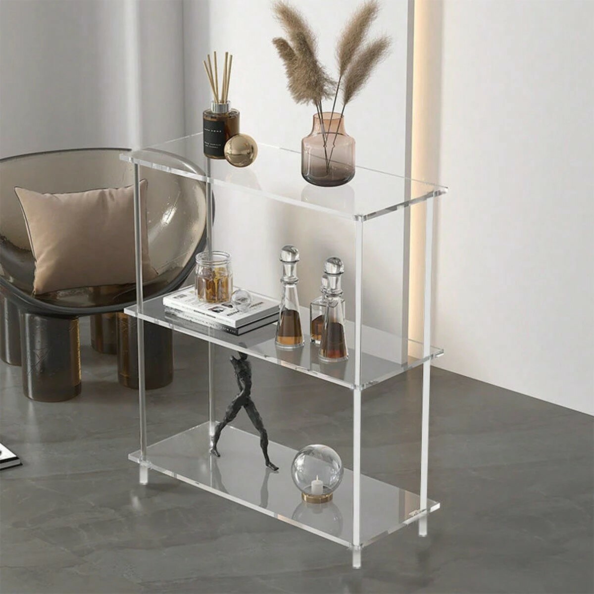 クリアアクリル製ソファサイドテーブル - スマート充電ステーション付き、おしゃれで便利な収納式