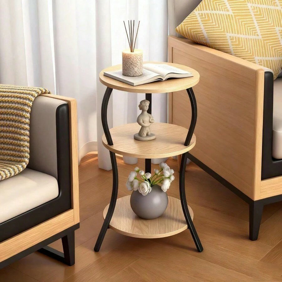 レトロ木目調 3段サイドテーブル ベッドサイドテーブル ナイトテーブル おしゃれ 木製 鉄製フレーム コ..