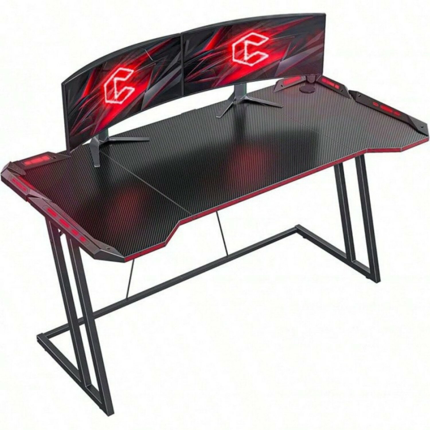 新しい- ゲーミングデスク 幅120cm*奥行き60cm LED付き 炭素繊維天板 組み立て簡単 頑丈 ゲーミングテ..