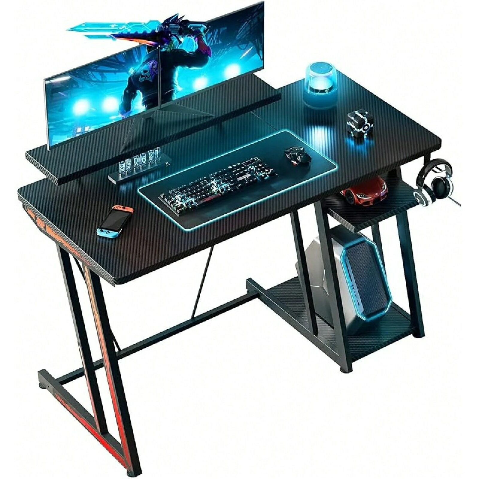 新型ゲーミングデスク 120cm LED付き カーボンファイバー天板 高耐久設計 モニター台付き ゲーミング用..