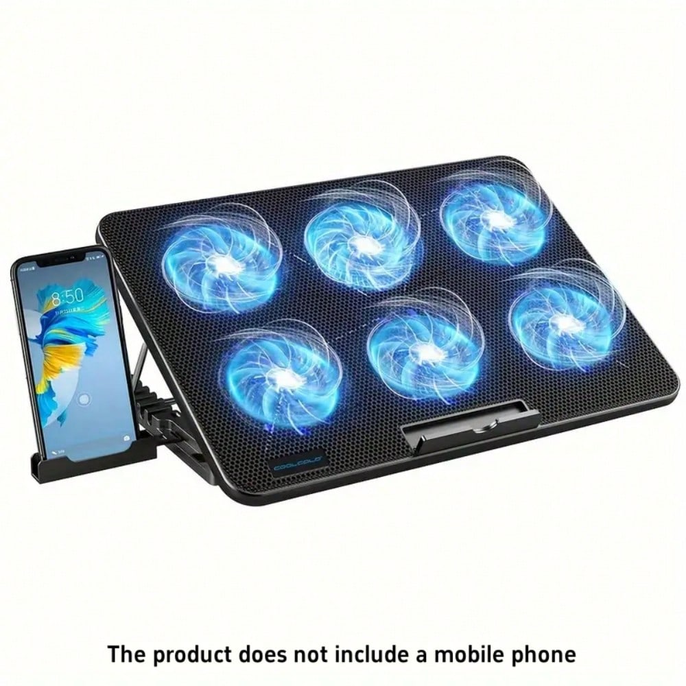 ノートパソコン 冷却パッド 6ファン 強力冷却 静音 LEDライト付き 角度調整可能 USBポート スマホホルダー付き 17インチ対応 軽量 薄型 メッシュ設計 ゲーミング ノートPC クーラースタンド