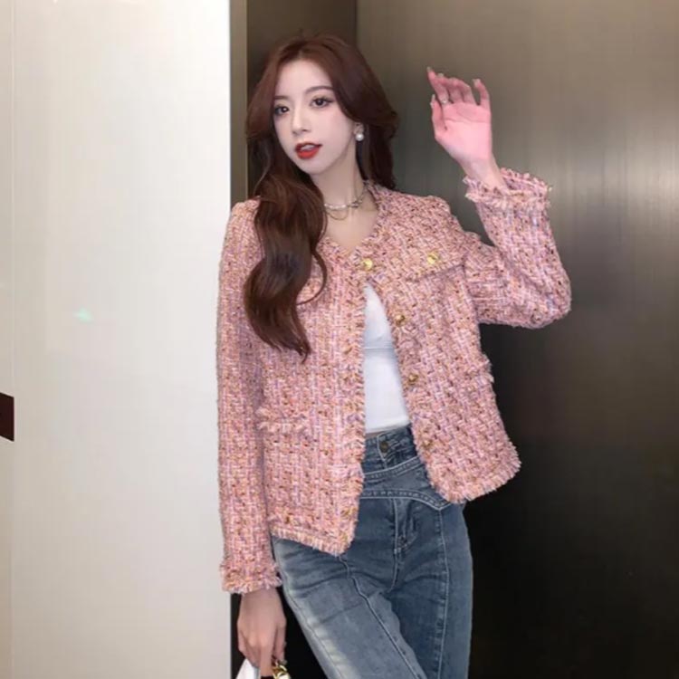 ラメ ツイードジャケット ピンク レディース 春 ノーカラー ツイード ジャケット フリンジ ノーカラージャケット ショート丈 金ボタン 薄手 アウター 羽織り 入学式 卒業式 セレモニー 普段使い 通勤 オフィス カジュアル フェミニン おしゃれ 【送無】