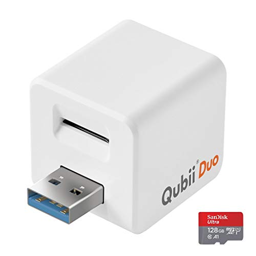 Qubii Duo USB Type A ホワイト (128GB microSDセット) シリーズ 10年保証 充電しながら自動バックアップ SDロック機能搭載 iphone バックアップ usbメモリ ipad 容量不足解消 SDカードリーダー 機種