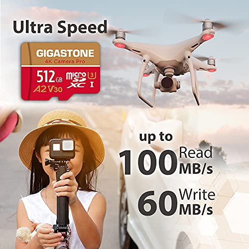 5年保証 Gigastone マイクロsdカード 512GB, 4K Ultra HD ビデオ録画, Gopro アクションカメラ スポーツカメラ, 高速4Kゲーム動作確認済 100MB/s, UHS-I A2 V30 U3 Class 10