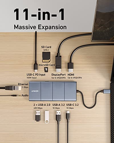 Anker 565 USB-C ハブ (11-in-1) 10Gbps 高速データ転送 4K HDMIポート DisplayPort 100W USB PD対応 USB 3.2 Gen 2 USB-Cポート USB-Aポート イーサネットポート 搭載