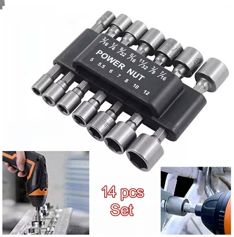 【P10倍 マラソン期間限定価格】電動ドライバー ドリル ソケット ビット 14ピース5-13mm アダプターセット 1/4インチ六角 シャンクスクリューナット ドライバー メトリックパワー ハンドツール ドリルビット アダプター 工具 電動ドリルビット コンパクト 2