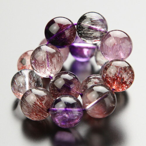 一点モノ セイクリッドセブン ブレスレット 約13.5mm 5A´ ストレート【エレスチャル クォーツ アメジスト レピドクロサイト パワーストーン 数珠 天然...