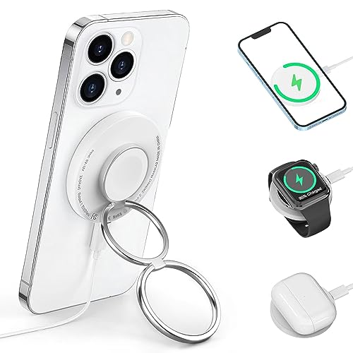 2023最新型 HOUOA 3in1 magsafe充電器 最新のダブルリング ワイヤレス充電器 Airpodsに対応 15W出力 両面同時充電可能 スマホリング スタンド機能付 Apple Watch Series3-9/ultra/iPhone1