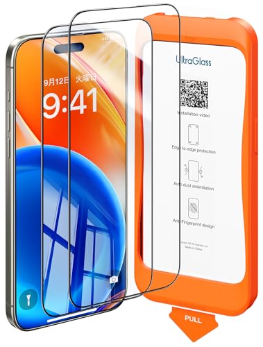 耐弾ガラス 3倍米軍規格 UltraGlass iPhone 15 / 14Pro 用 ガラスフィルム 全面保護 貼り付け簡単 自動吸塵ガイド枠 強化極細黒縁 9H硬度を超え 高透過率 指紋防止 iphone15 用 フィルム 6.1インチ 2枚セ