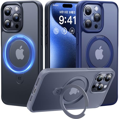 CASEKOO iPhone 15 Pro Max 用 ケース 新生活に役立つ 多機能一体 Magsafe対応 米軍MIL規格 耐衝撃 隠しスタンド 指紋防止 マット仕上げ 黄変防止 薄型半透明 スマホケース ストラップホール付き ワイヤレス充電対応