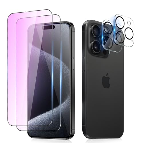 ブルーライトカット iPhone15Pro ガラスフィルム (2枚) + iPhone15Pro カメラフィルム (2枚) アイフォン15プロ 強化ガラス 液晶 保護フィルム ブルーライト iphone15Pro 画面保護シート 15Pro フィルム