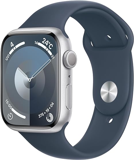 Apple Watch Series 9 GPSモデル - 45mmシルバーアルミニウムケースとストームブルースポーツバンド - S/M