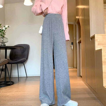 選べる厚み ワイドパンツ リブ レディース 無地 ガウチョパンツ ベロアコーデュロイ ロングパンツ ウェストゴム 裏起毛 ドレープ 暖かい