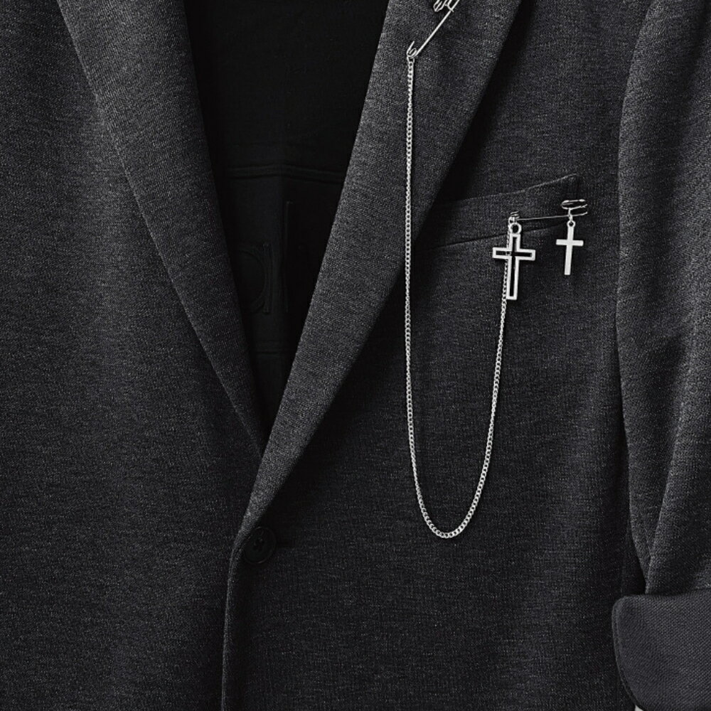 クロス 十字架 メンズ チェーン ブローチ ラペルピン 韓国 クール ストリート ファッション