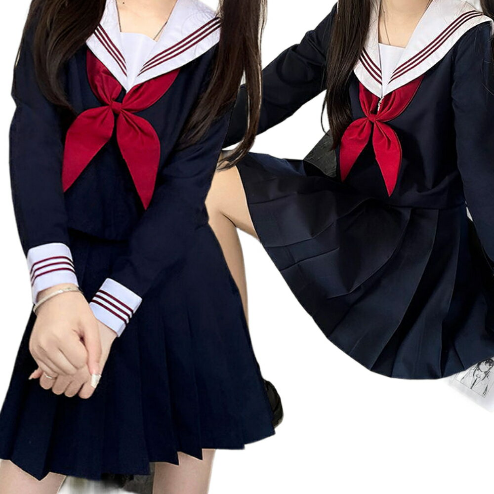 3点セット 制服 紺 セーラー服 本格 女子高生 中学生 セーラー トップス リボン スカート ミニスカート..