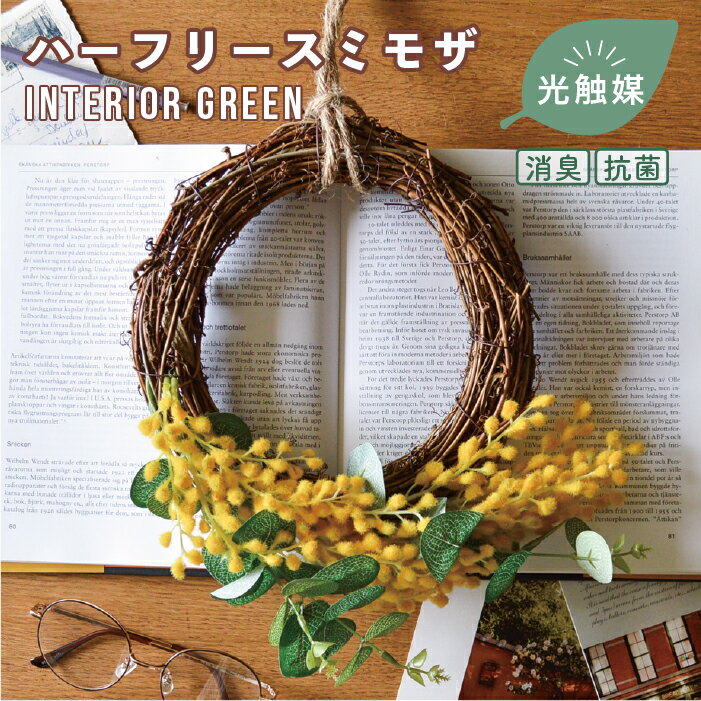 ＼ギフト対応／ 抗菌 消臭 ハーフリース ミモザ / 造花 フェイクグリーン 26cm リース 光触媒 壁掛け リアル リース 観葉植物 かわいい 敬老の日 お祝い ミモザの日 黄色