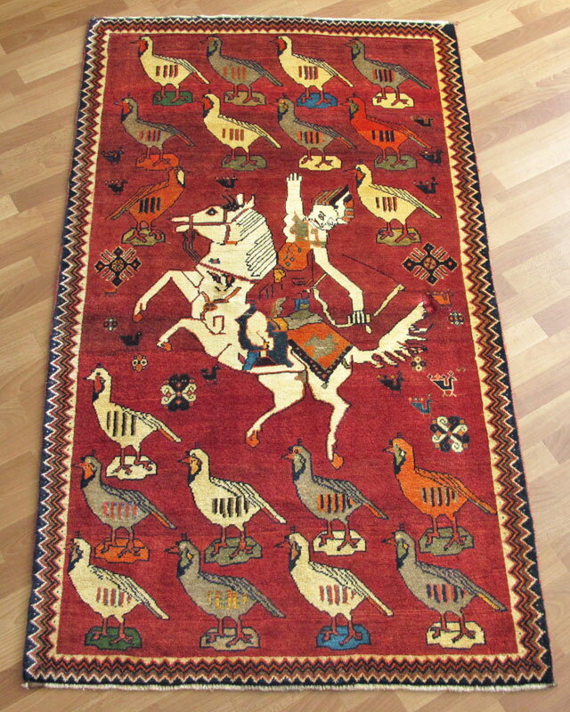 ギャッベ イラン製 196×111cm 手織り ウール100% 天然素材 草木染 トライバル 絨毯 じゅうたん ラグ マット ギャベ 赤 馬 (品番:AL-4196）