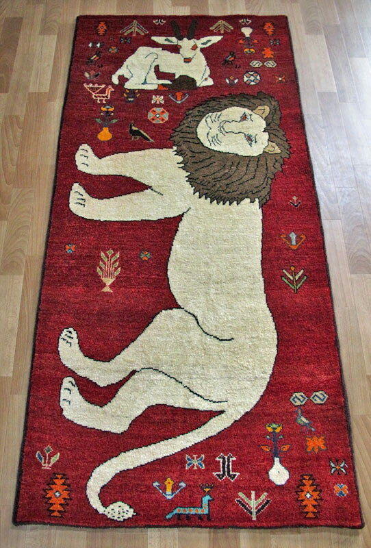 ギャッベ イラン製 175×83cm 手織り ウール100% 天然素材 草木染 トライバル 絨毯 じゅうたん ラグ マット カーペット ギャベ 赤 ライオン (品番:ALB-4217） 1